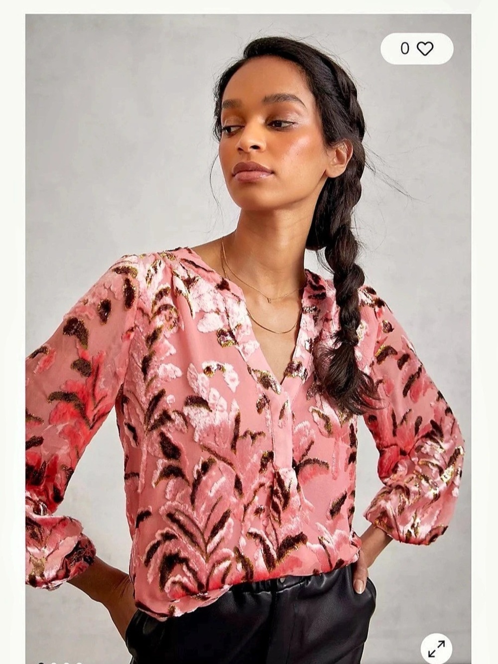 Anthropologie LORI velvet Floral Blouse in Pink with Gold Size Medium Like New